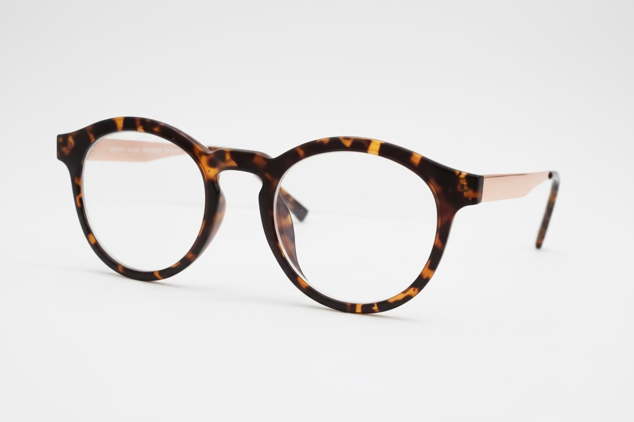 Oval Optical Frames – Black & Camouflage Brown Plastic with Gold Metal Temples