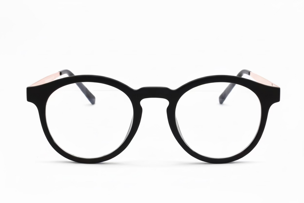 Oval Optical Frames – Black & Camouflage Brown Plastic with Gold Metal Temples