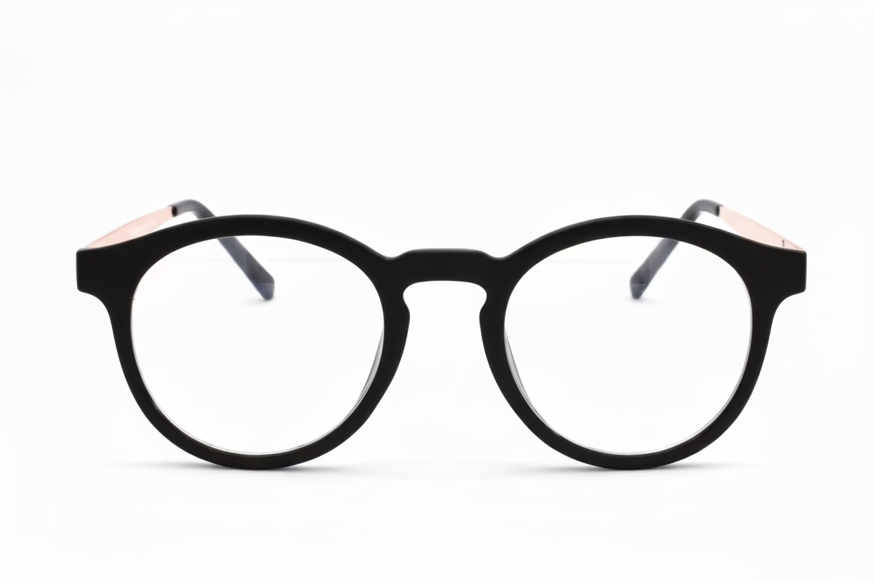 Oval Optical Frames – Black & Camouflage Brown Plastic with Gold Metal Temples