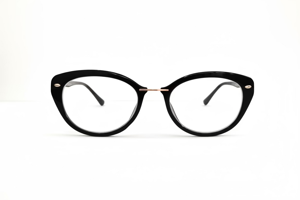 Women's Cat-Eye Optical Frames – Black Hand Polished Plastic with Gold Metal Nose Bridge