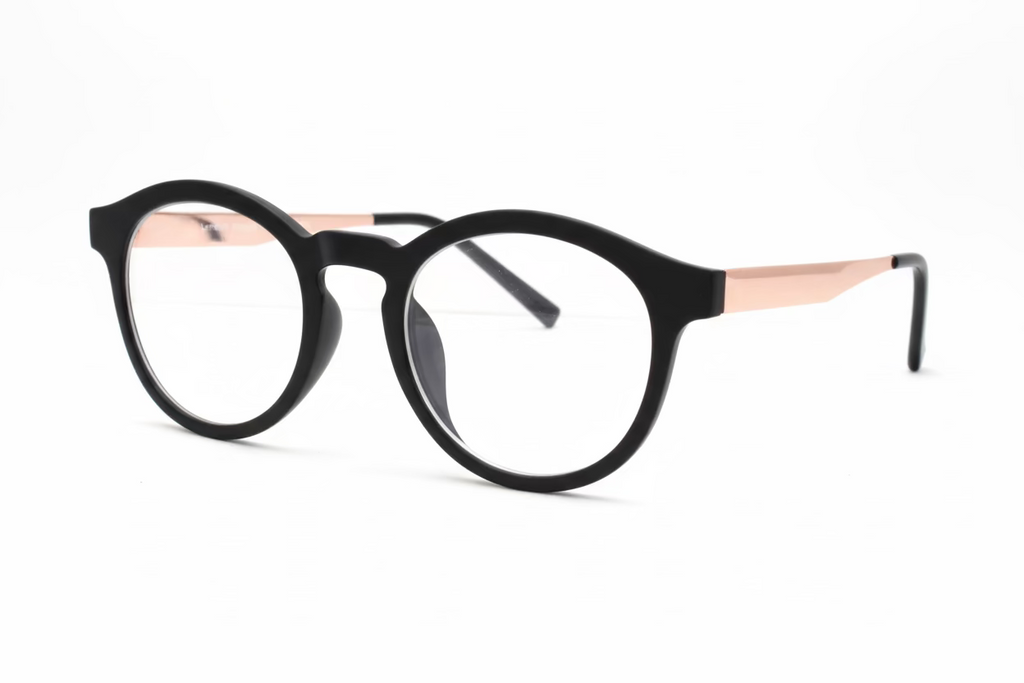 Oval Optical Frames – Black & Camouflage Brown Plastic with Gold Metal Temples