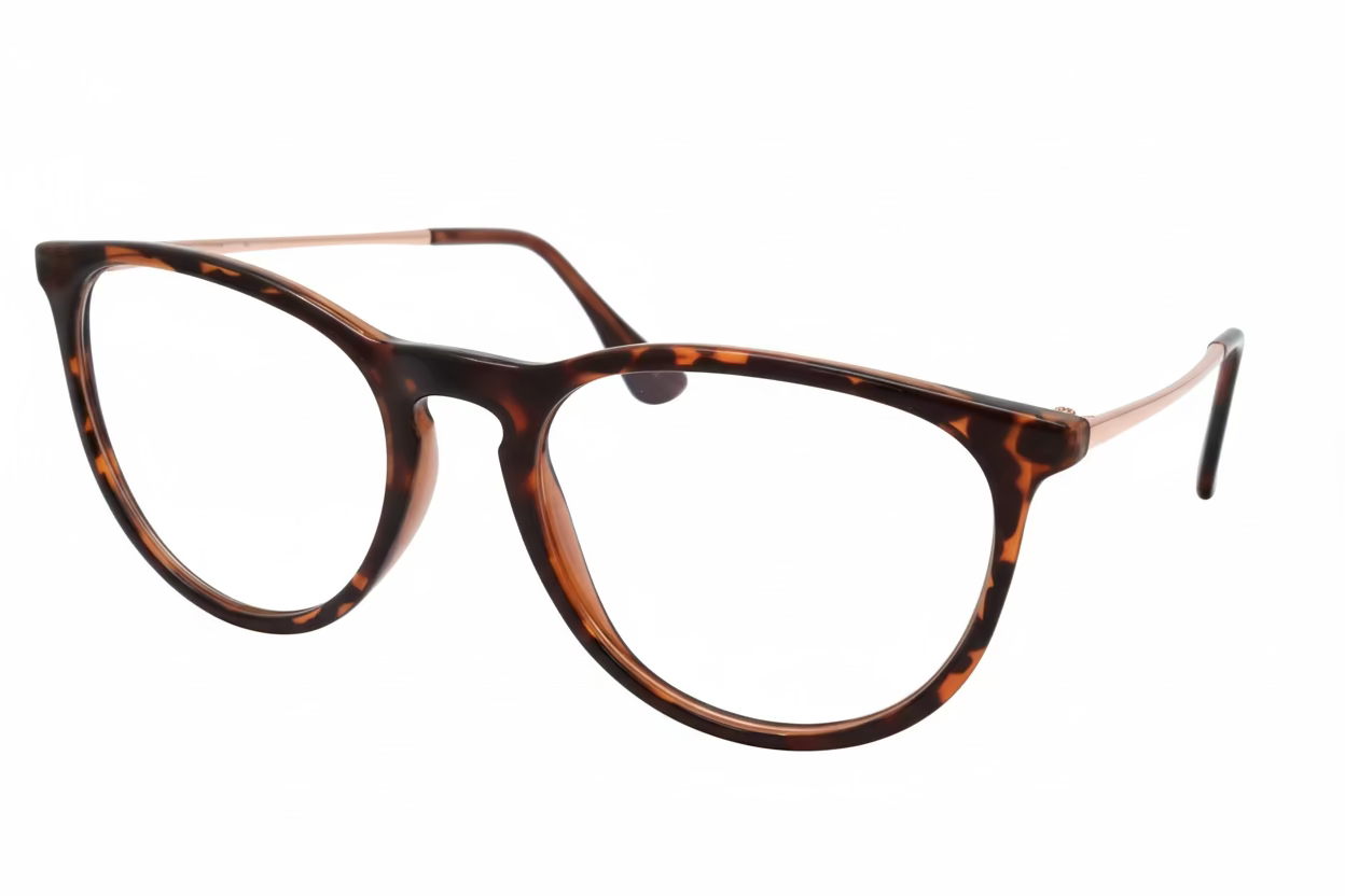 Oval Optical Frames – Camouflage Brown Hand Polished Plastic with Gold Metal Temples